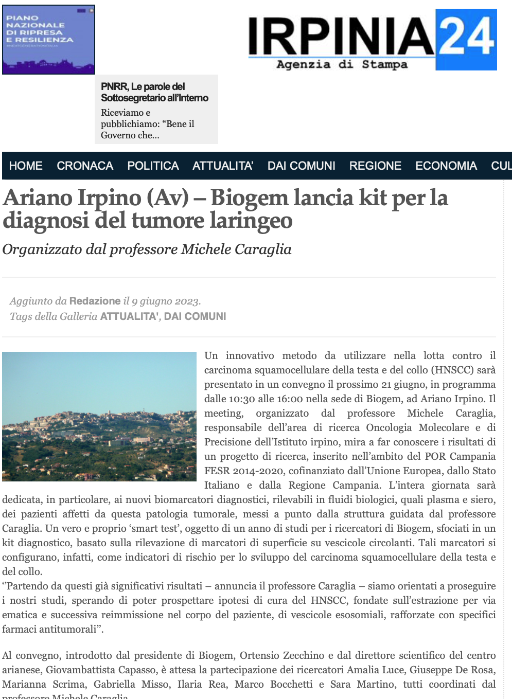 Ariano Irpino (AV) - Biogem lancia kit per la diagnosi del tumore laringeo